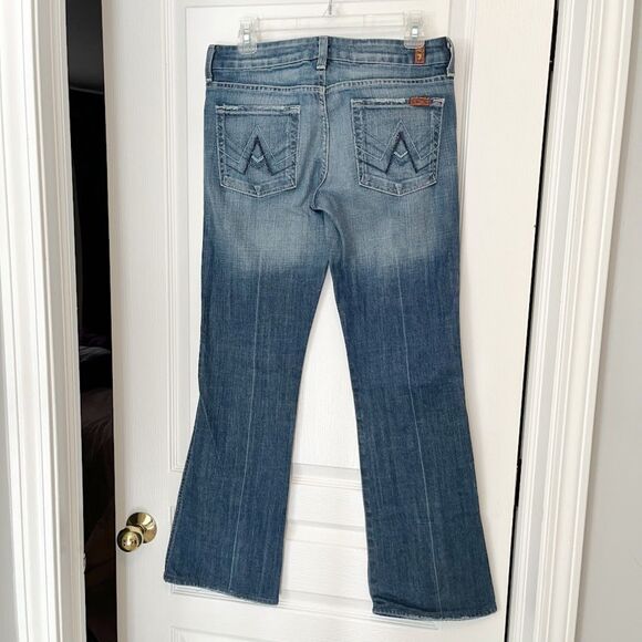 7 for All Mankind "A" Pocket Studded Distressed Faded Low-Rise Boot Cut Jeans - Picture 2 of 12